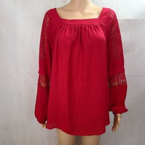 New Directions Women's (L) Red Long Sleeve Semi Sheer and Lace Pullover Top